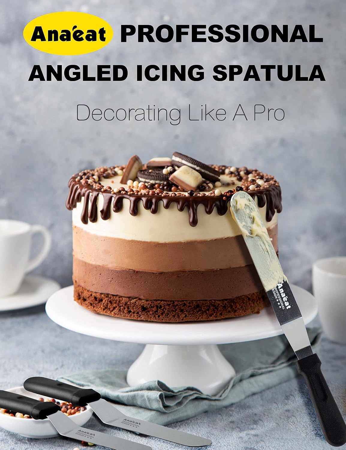 Anaeat Icing Spatula, 3 Pieces Professional Angled Offset Frosting Spatulas with 6", 8", 10" Stainless Steel Blades &amp; 4 Pack Cake Smoother Scraper for Cake Decorating, Baking &amp; Pastry (Set of 7)