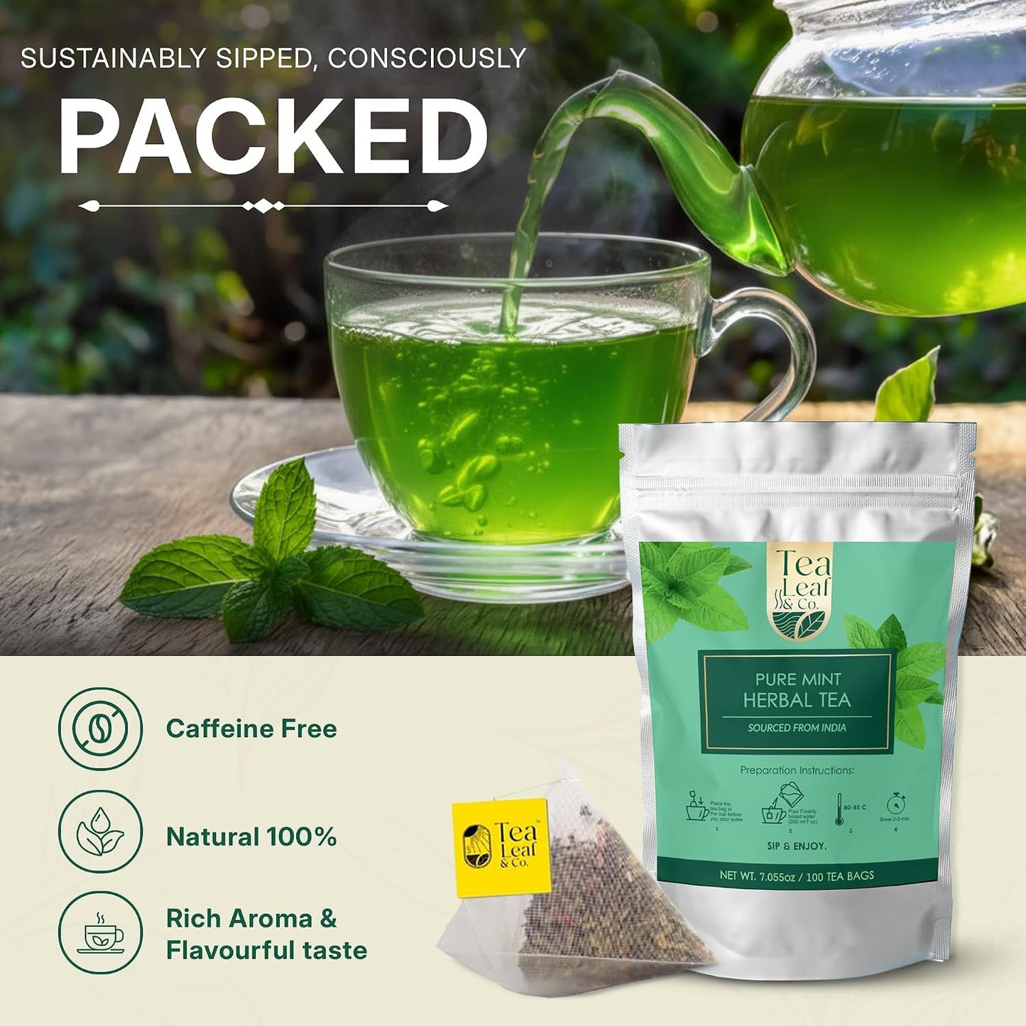 Pure Mint Herbal Tea (200 gm/7 oz), Natural Herbal Infusion, 100 Tea Bags