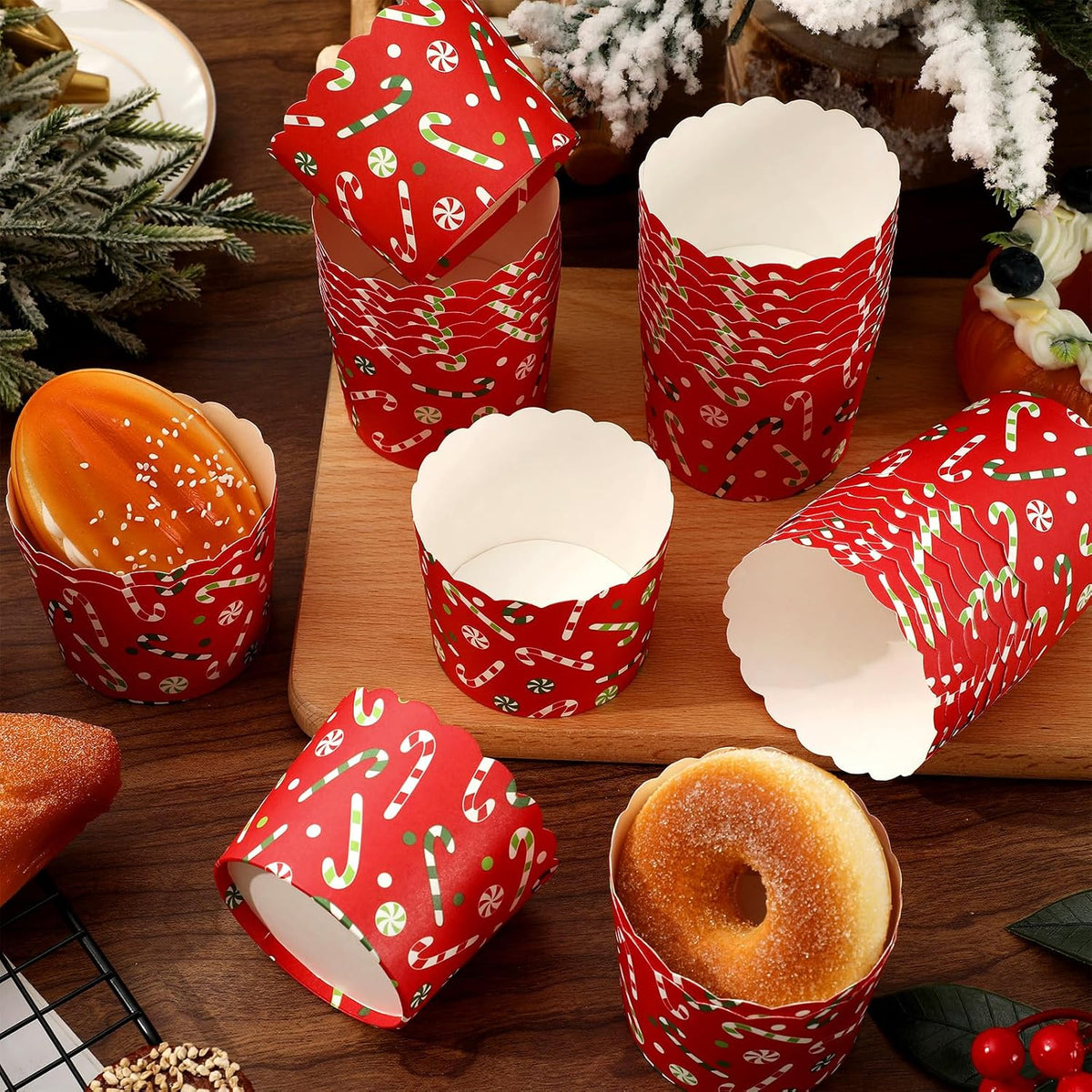 Whaline 100Pcs Christmas Paper Baking Cups Red Green Candy Cane Cupcake Wrappers Scalloped Edge Cupcake Muffin Cases for Xmas Winter Holiday Party Dessert Decoration