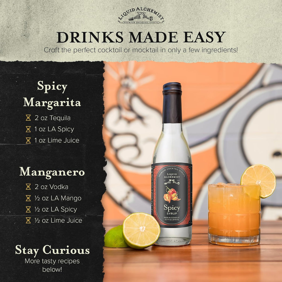 Liquid Alchemist Spicy Habanero Infused Simple Syrup for Cocktails | Real Ingredients Make our Habanero Syrup a Great Spicy Margarita Mix | Small Batch Non-GMO &amp; Vegan | 12.7 oz Drink Mixer, Pack of 1