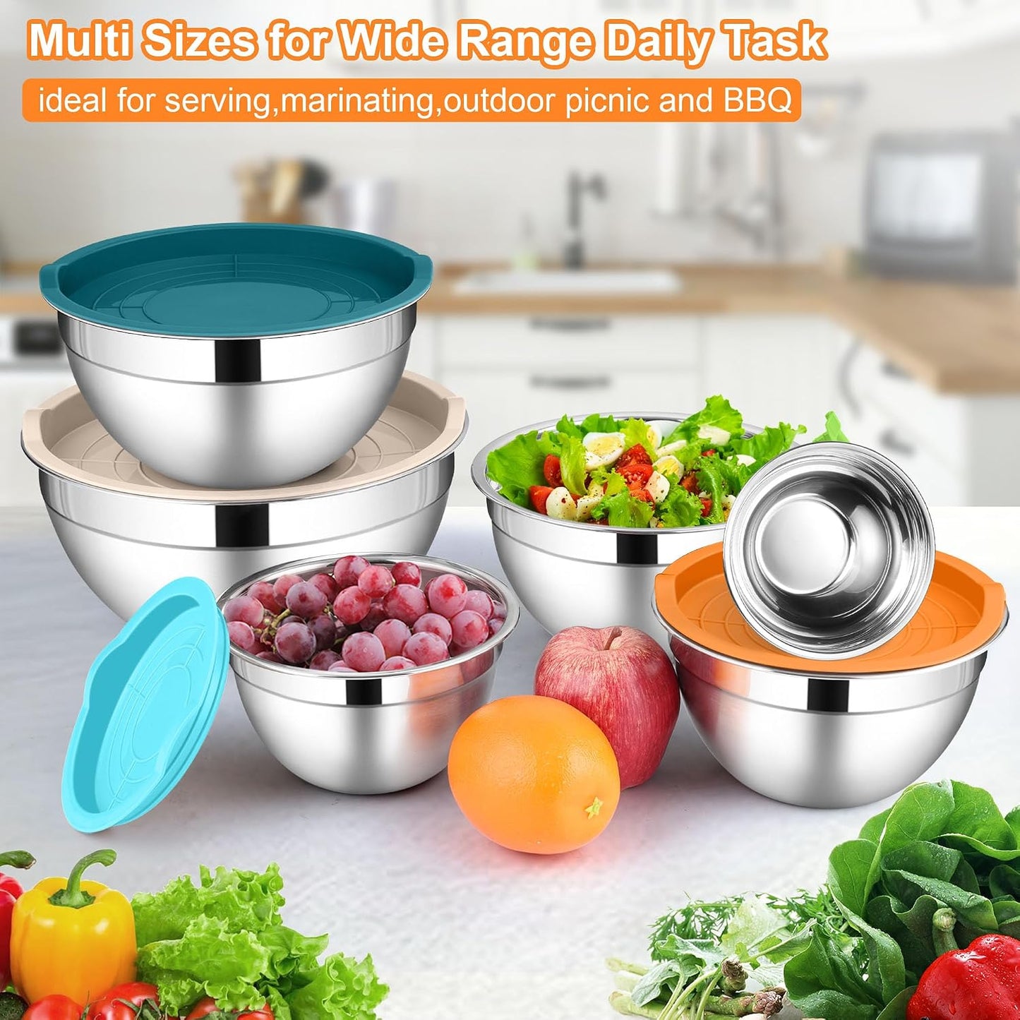 LIANYU Mixing Bowls with Lids Set, Large 7 &amp; 3.5 &amp; 2.5 &amp; 2 &amp; 1.5 &amp; 1QT | 6 Piece Stainless Steel Serving Bowls, Kitchen Metal Nesting Bowl for Cooking, Food Storage, Dishwasher Safe, Multi-Color