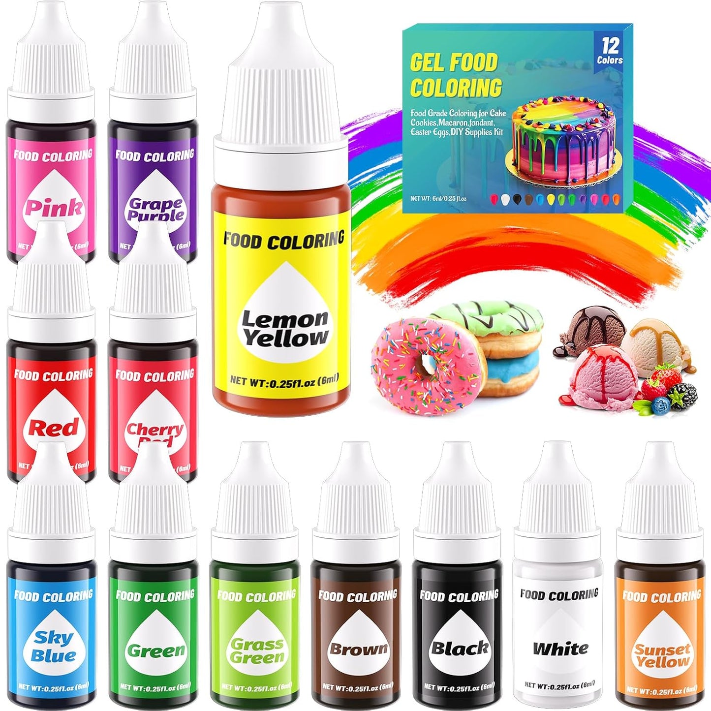 12 Color Gel Food Coloring Liquid Set, KATSPRO Food Grade Tasteless Vibrant Food Coloring Dye for Baking Icing Cake Decorating Cookie Fondant, Frosting, Cookies, Christmas Baking, Easter Egg and DIY Supplies Kit - 0.25 Fl.oz(6ml)/Bottles