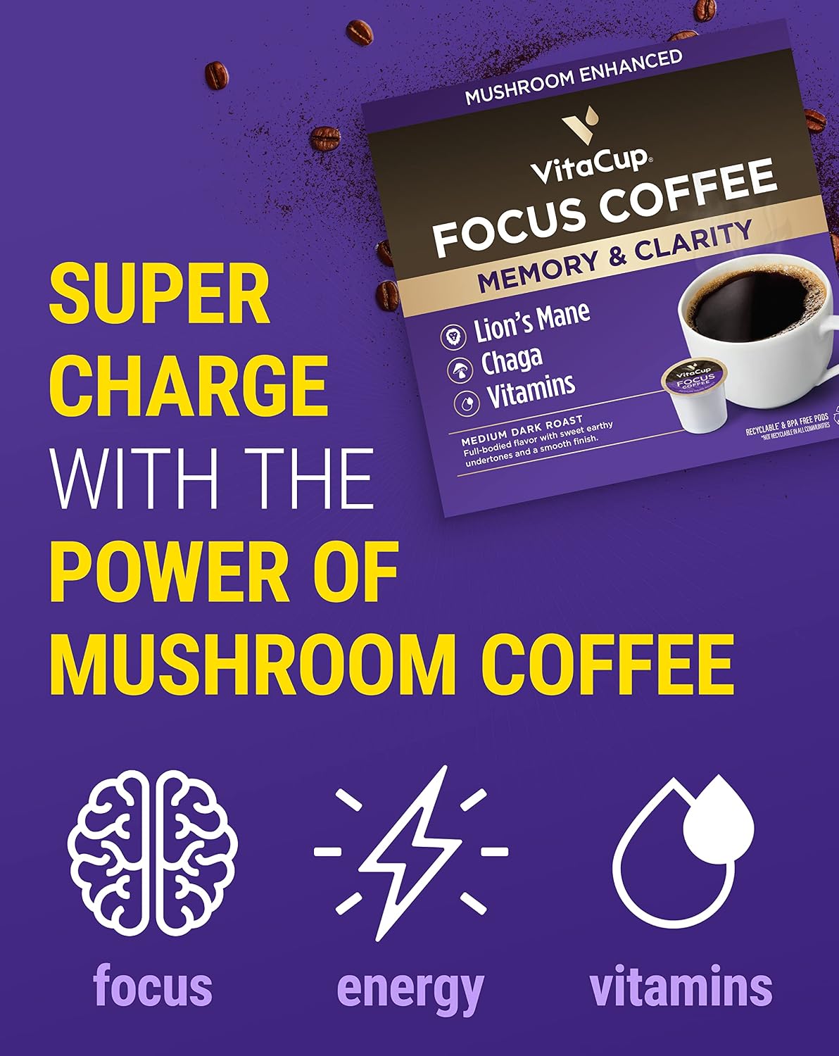 VitaCup Functiona Wellness Coffee Pods Variety Pack, 40ct | Dark Roast, Immunity, Chaga, MCT Oil