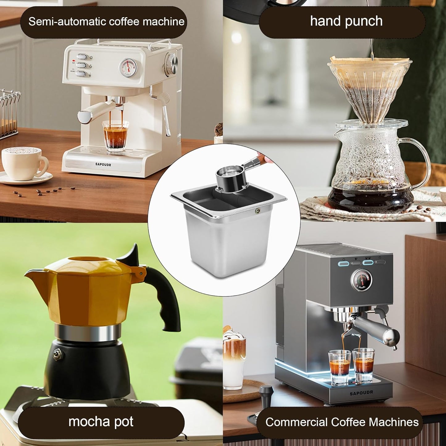 Stainless Steel Coffee Knock Box, Square Espresso Knock Box, Large Capacity Coffee Accessories, Easy to Clean Espresso Accessories for Home, Kitchen, Cafe, and More