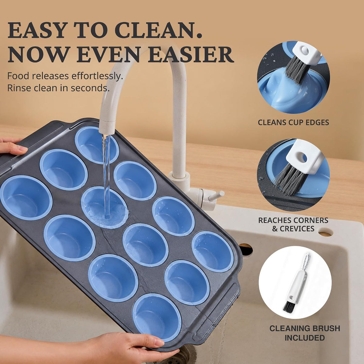 BRONYPRO Silicone Muffin Pans for Baking with Metal Frame, Egg Bite Molds, 12-Cup Regular Size Cupcake Pan, Easy-Release Nonstick Food-Grade Silicone, Cleaning Brush Included, Oven Safe, Blue