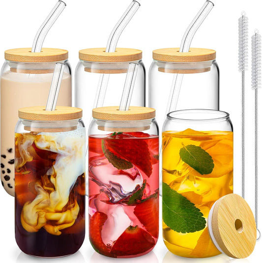16 Oz Drinking Glasses with Bamboo Lids and Glass Straw - 6 Pcs Glass Cups Beer Ice Coffee Glasses Cute Aesthetic Cup Great