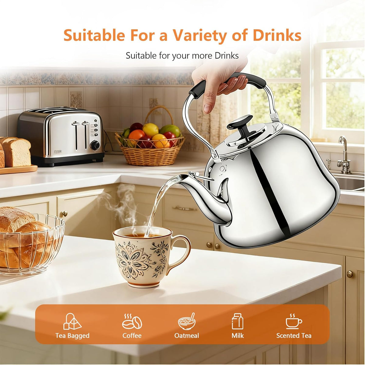 2L Whistling Stovetop Tea Kettle, 304 Food Grade Stainless Steel - Boil Alert Whistle (Not Auto Shutoff), Folding Cool-Touch Handle, Gas/Electric/Ceramic Compatible | Max Safe Fill: 1.6L (6 Cups)