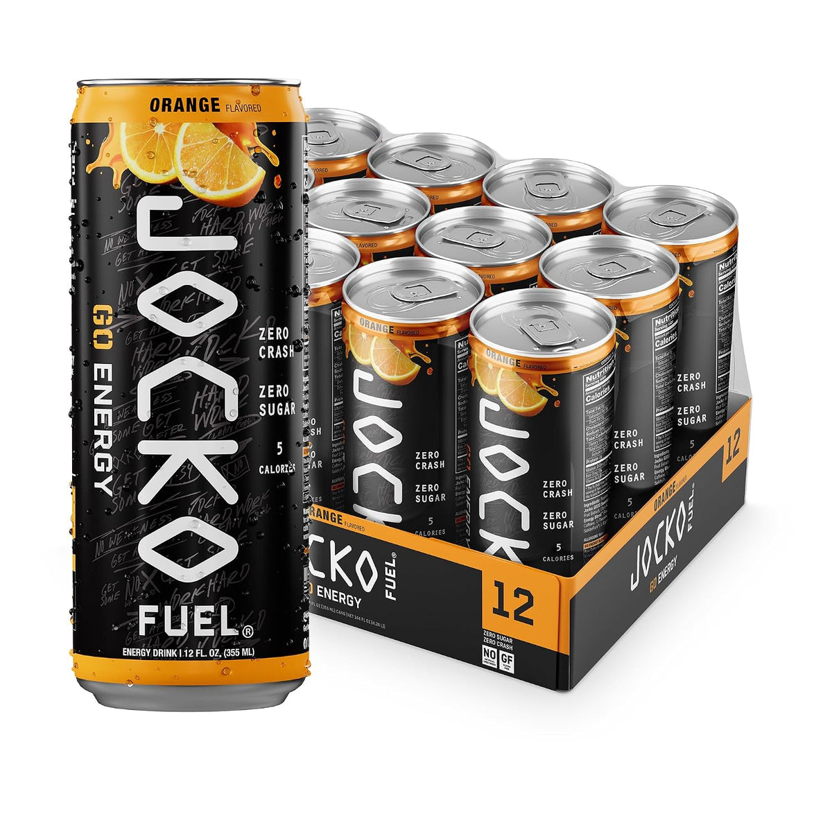 Jocko Fuel GO Energy Drinks, Afterburner Orange, 12 oz | 12 Pack | 95mg Clean, No Crash Natural Caffeine | No Sugar, Jitter Free | L-Theanine &amp; Adaptogens Lift Mood, Focus &amp; Endurance