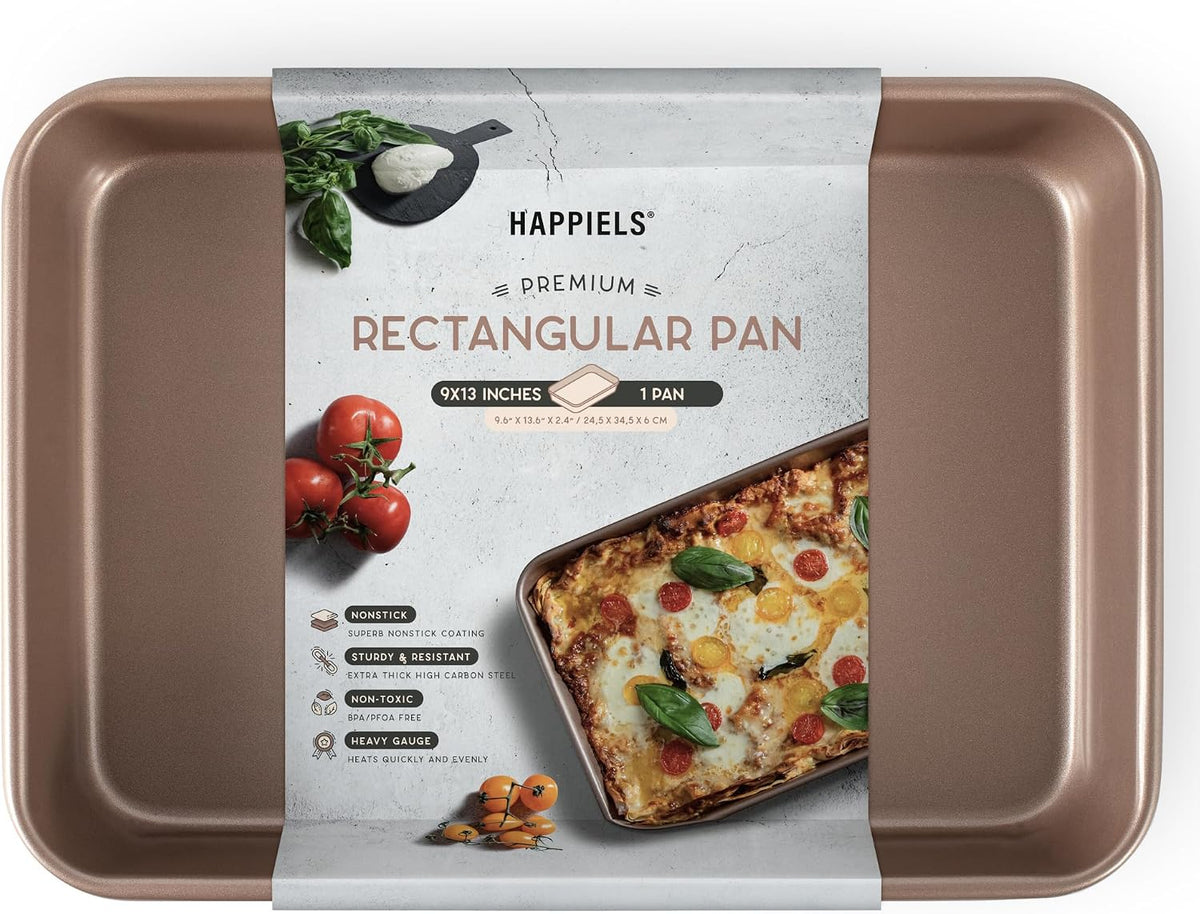 9 x 13 inch Cake Baking Pan Nonstick, PFOA &amp; BPA Free | | Non-Toxic - High Carbon Steel - Gold - Rectangle Pan for Oven Baking