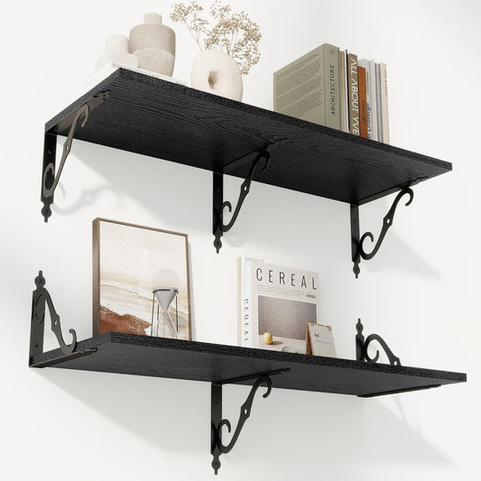RICHFOCUS 12 Inch Deep Floating Shelves for Wall, 31.5" W x 12" D Black Wood Wall Shelves Set of 2, Wide Floating Shelves