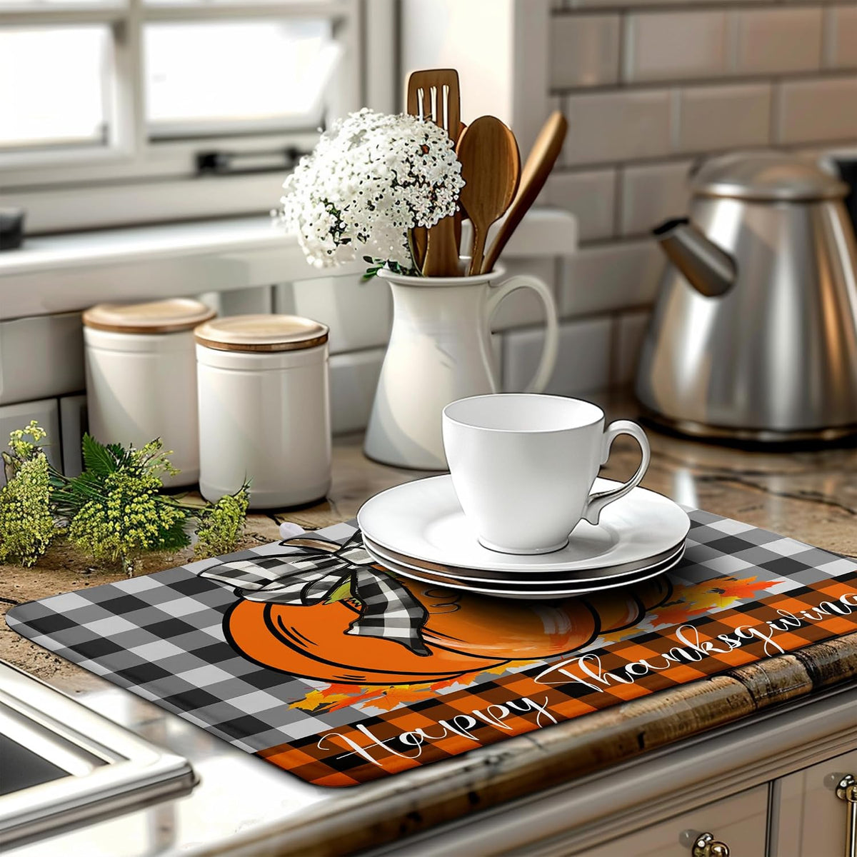 Fall Pumpkin Dish Drying Mats Thanksgiving Kitchen Drying Mat Buffalo Plaid Microfiber Large Dish Dryer Pad Maple Leaves Absorbent Dishes Drain Matt XL Washable Foldable(18x24 in)