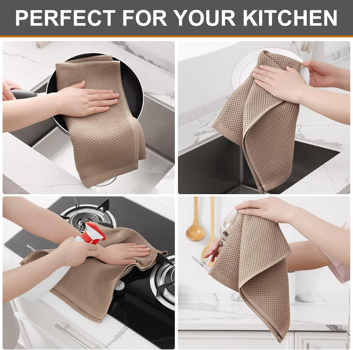 Kitinjoy 100% Cotton Waffle Weave Kitchen Towels, 4-Pack Super Soft and Absorbent Dish Towels for Drying Dishes, Kitchen Hand Towels, 13 in x 28 in, Tan