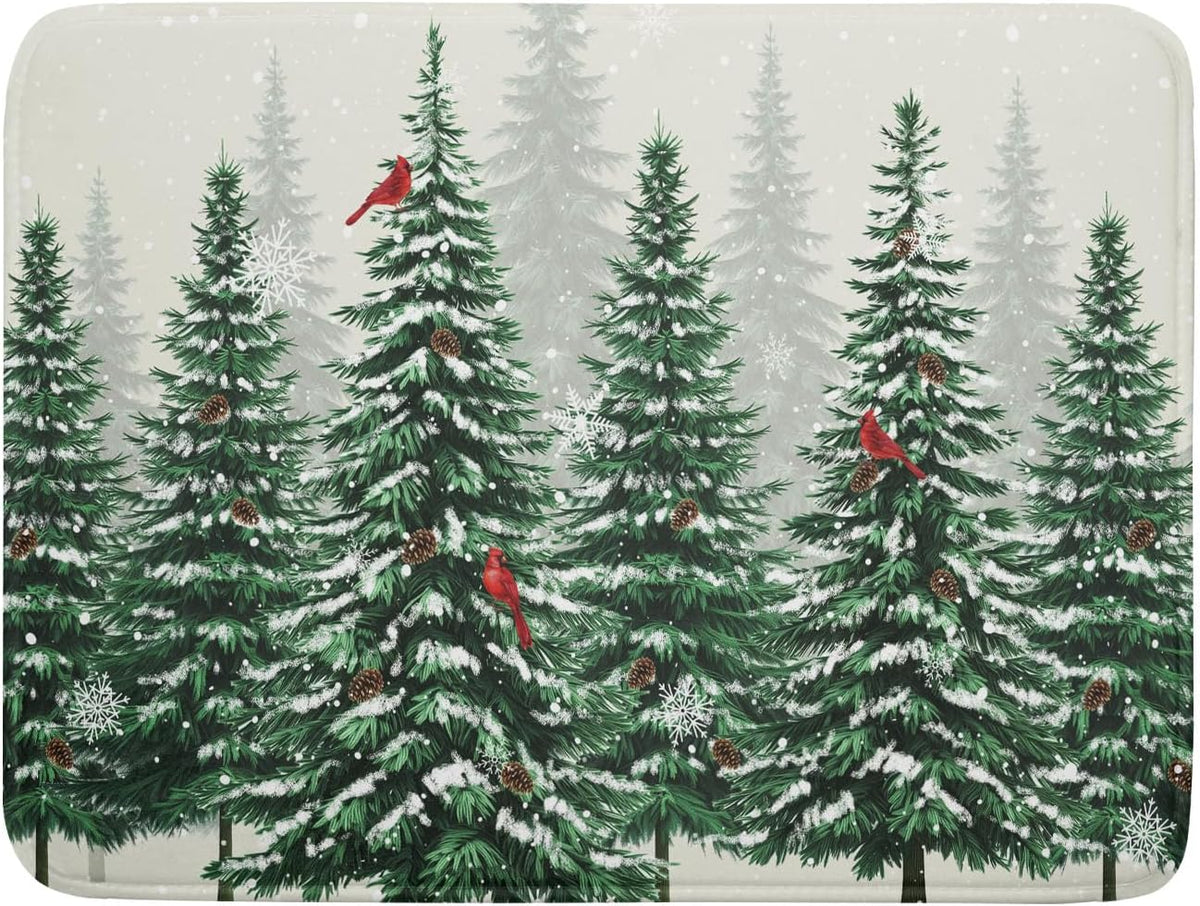Winter Green Pine Tree Dish Drying Mat for Kitchen Counter,Red Bird Snowflake Drying Mat 18 x 24 Inch with High Absorbent Microfiber Drainer Mat for Coffee Bar