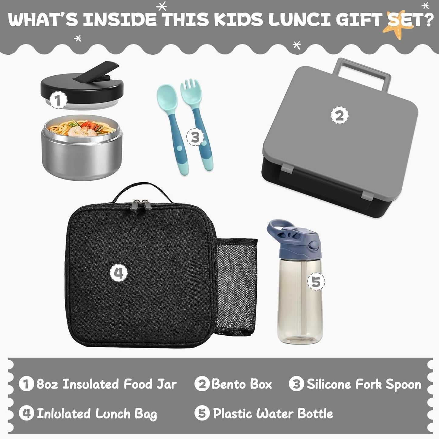 Kids Bento Lunch Box with 8oz Soup Thermo, Water Bottle, Kids Leakproof Lunch Food Containers with 4 Compartment, Insulated Hot Food Jar with Lunch Bag for School, Trvael (Black)