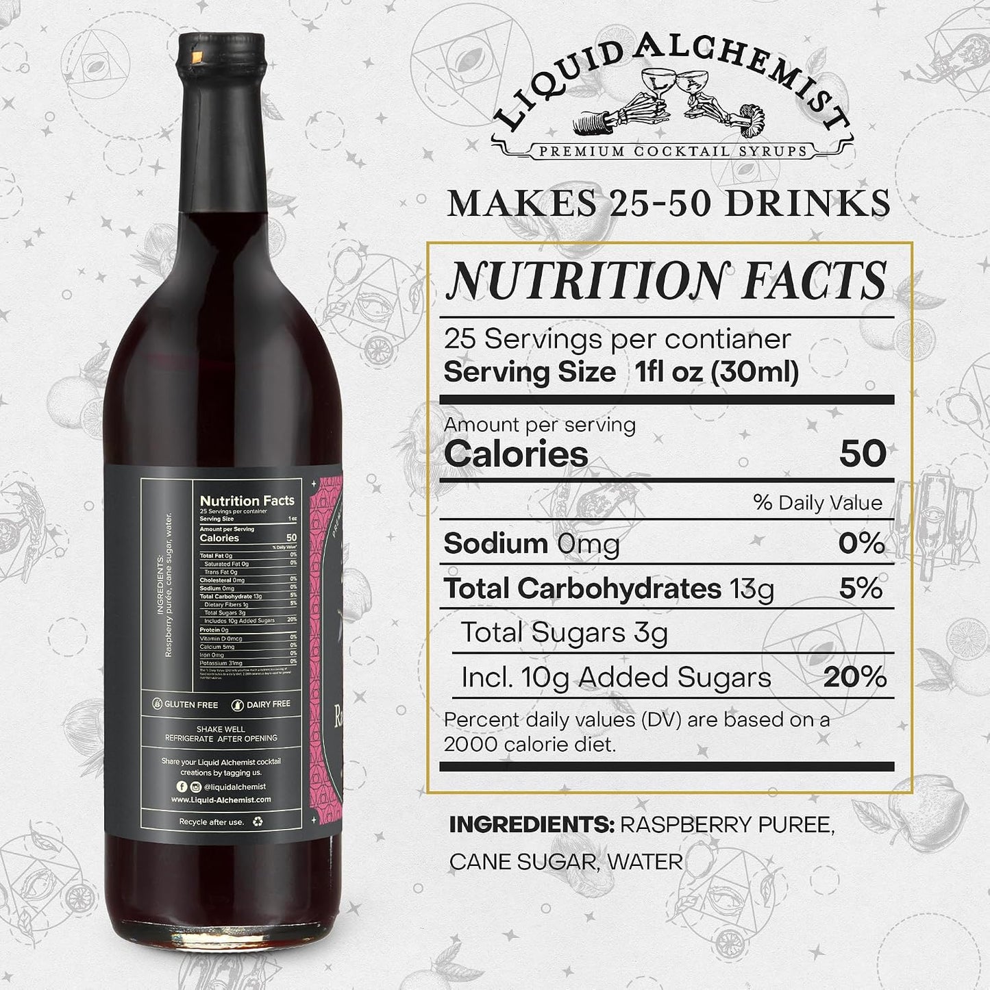 Liquid Alchemist Raspberry Syrup for Cocktails | Real Ingredients Make our Raspberry Syrup for Drinks a great Margarita Mix | Small Batch, Non-GMO &amp; Vegan | 25.4 oz Drink Mixer, Pack of 1