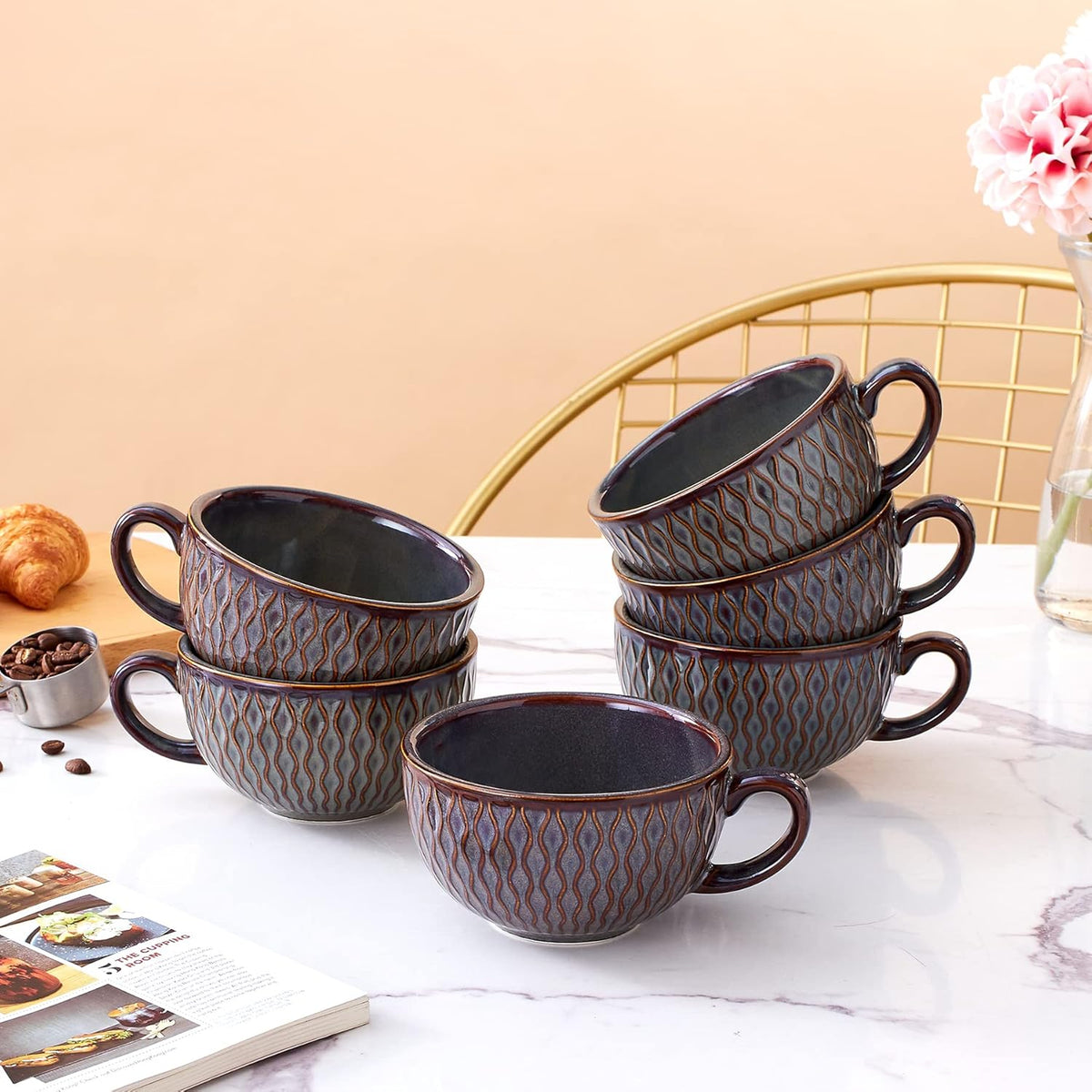 Set of 6 Cups Vintage Design 12 oz Professional Barista Ceramic Latte Art Cappuccino Cups Set (Embossed Grey * 6)