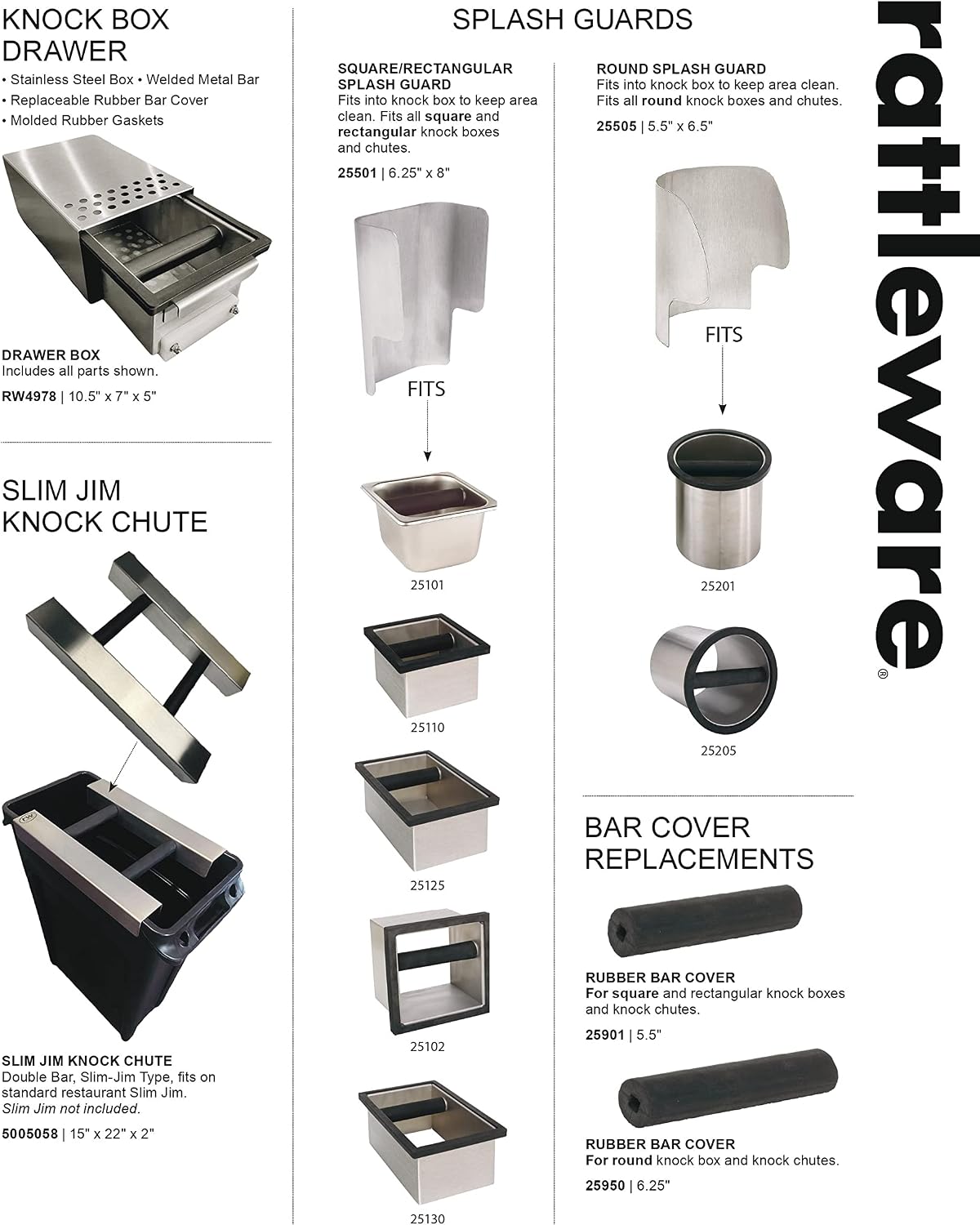 Rattleware Stainless Steel Open Bottom Knock Box Chute with Rubber Bar, 9in