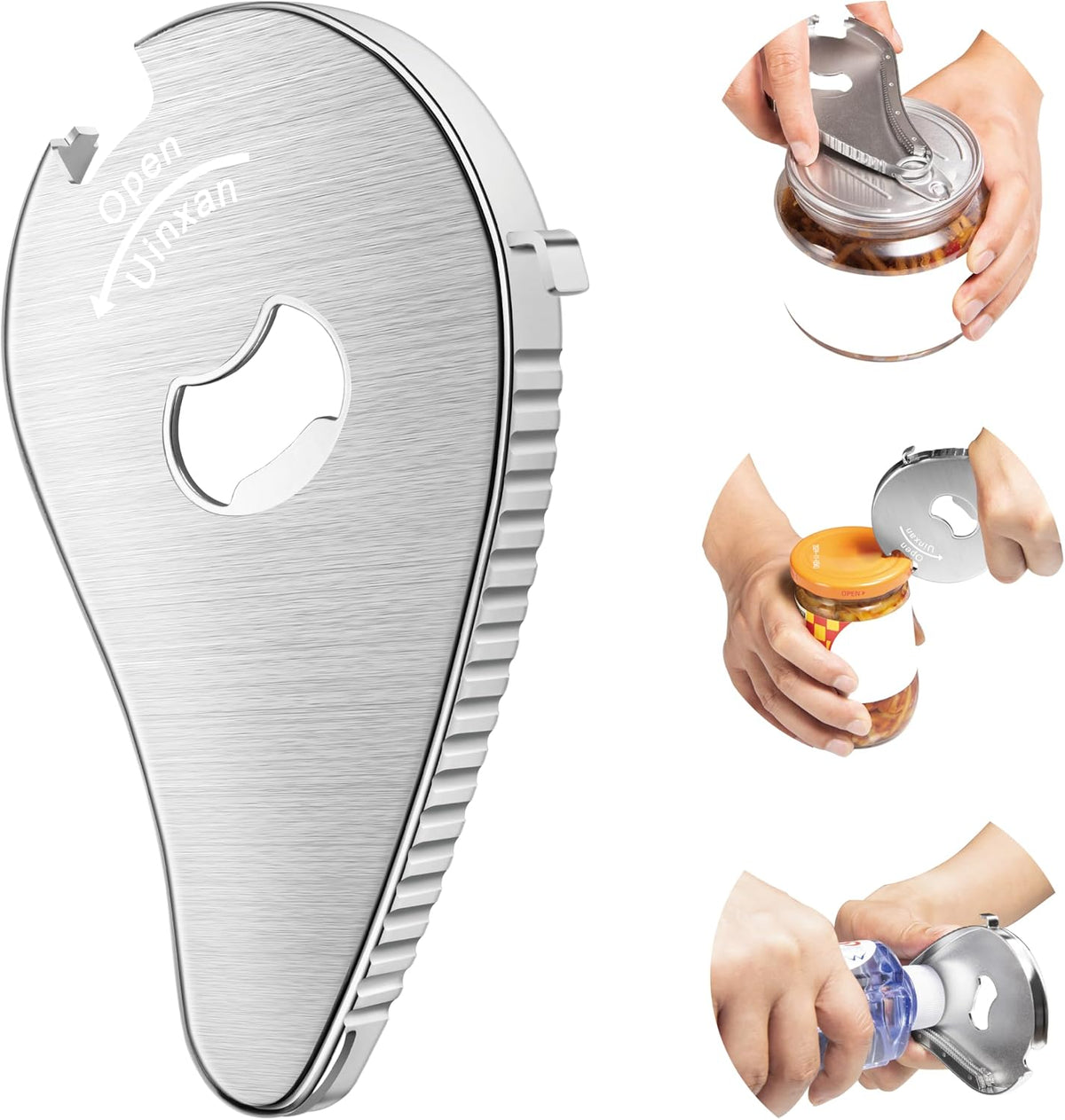 Uinxan 5 in 1 Bottle Opener for Small Jar Lid, Beer, Can Tab, Vacuum Seals | Effortlessly Opens Screw Caps(0.6"-2.7"), Stainless Steel Multi Portable Tool,Ideal for Seniors &amp; Weak Hands (Silver)