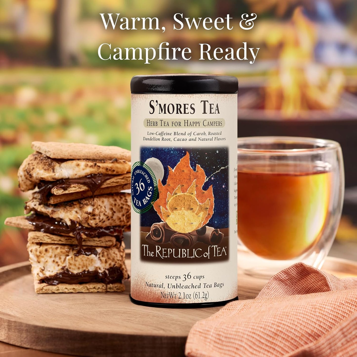 The Republic of Tea S'mores Herbal Tea, Caffeine Free, 36 Count | Suitable for day or evening . Smooth and rounded with notes of cocoa richness and roasted root. Gluten Free and Kosher.