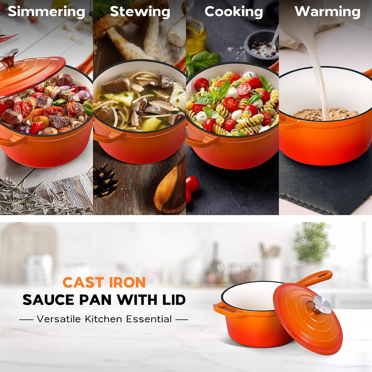Enameled Cast Iron Sauce Pan Pot, Onader 1QT Saucepan with Lid, Small Enamel Dutch Oven Kitchen Cooking Pot – Sunset Orange