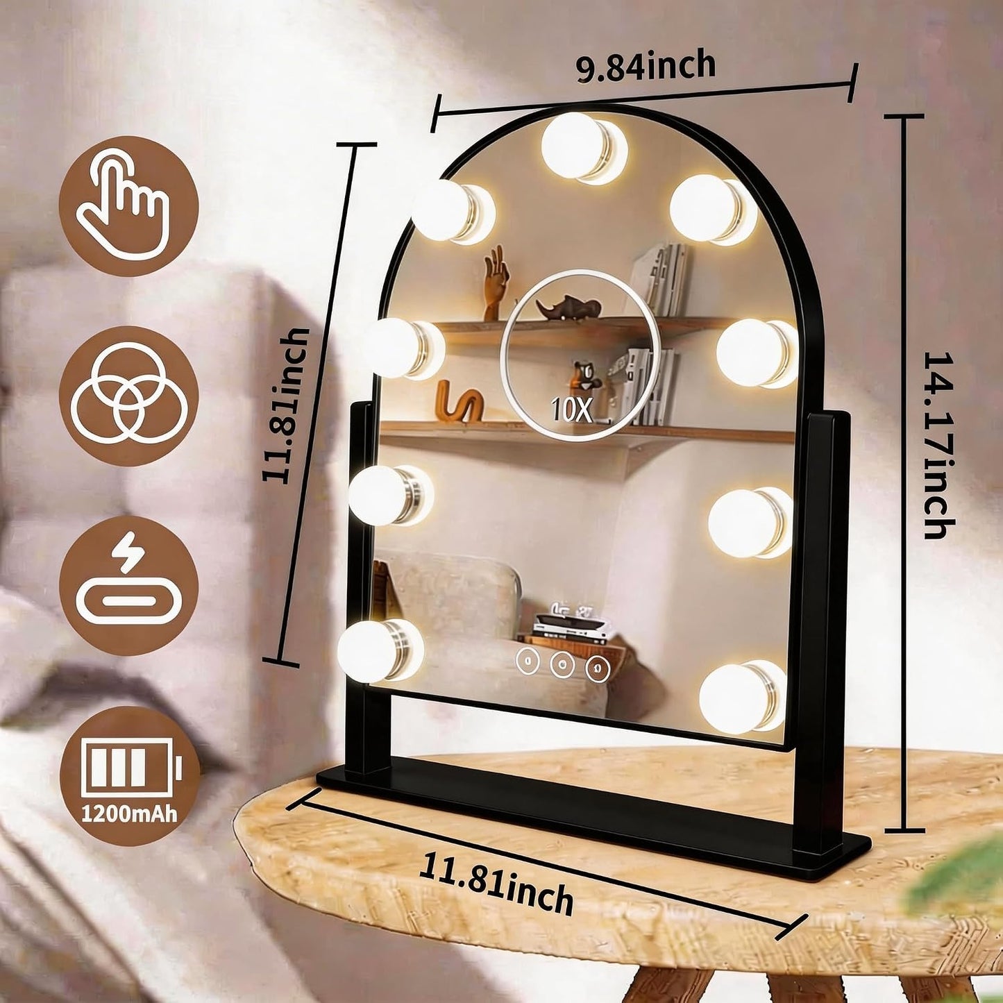 Arched Makeup Vanity Mirror with Lights,10X,Black,14.17"x11.81" | Vanity Mirror with Detachable 10X Magnification Mirror, Rechargeable, 3 Color Lights,Smart Touch, 360‑Degree Swivel
