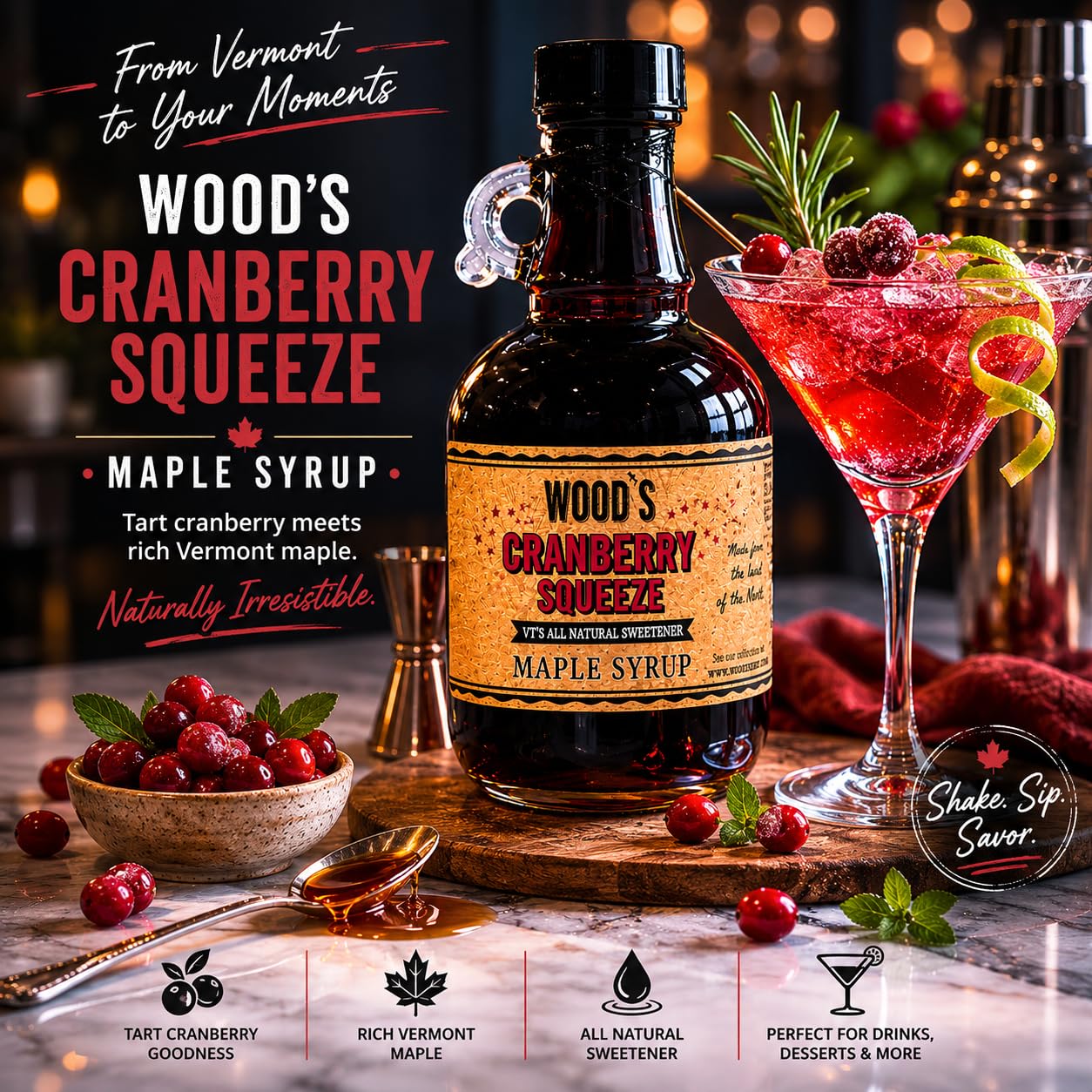 WOOD'S Cranberry Squeeze Maple Syrup – Small-Batch Vermont Maple Syrup Infused with Tart &amp; Tantalizing Cape Cod Cranberries | All-Natural Vegan Sweetener for Pancakes, Cocktails, Glazes &amp; Baking | 8.45 Fl Oz (250mL)