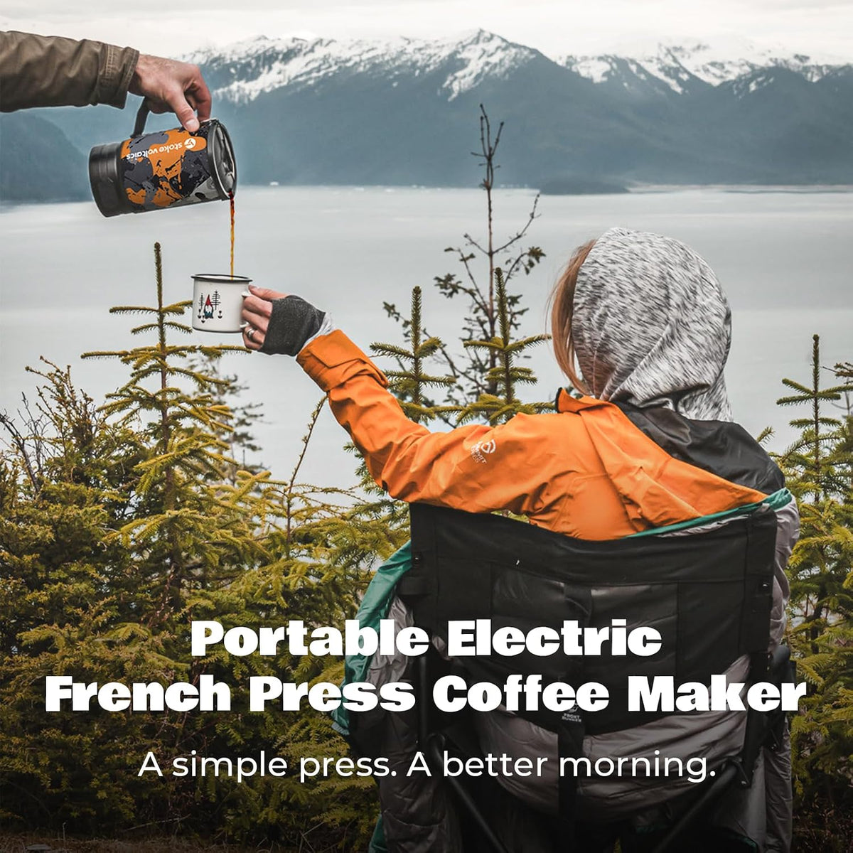 Portable Camping Coffee Maker, Electric French Press, Travel Kettle, 120V | 2-in-1 coffee maker and electric kettle for camping, travel and RV use; 16 oz capacity and 6-minute French press brewing.