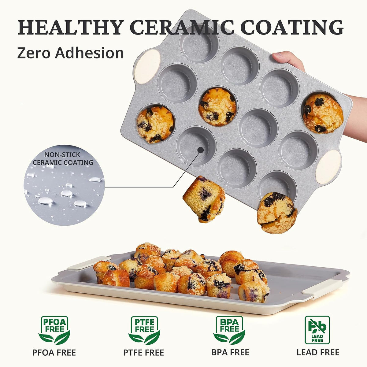 BRONYPRO Ceramic-Coated Nonstick 12-Cup Muffin Pan with 120 Liners