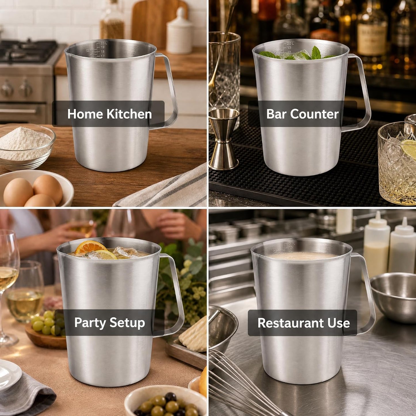 KSENDALO 64Oz/8Cup Stainless Steel Pitcher (SUS304), 2 Liter Metal Container for Water, Milk, Liquid with Handle with Engraved Markings, Silver