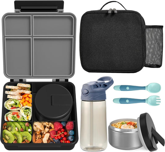 Kids Bento Lunch Box with 8oz Soup Thermo, Water Bottle, Kids Leakproof Lunch Food Containers with 4 Compartment, Insulated