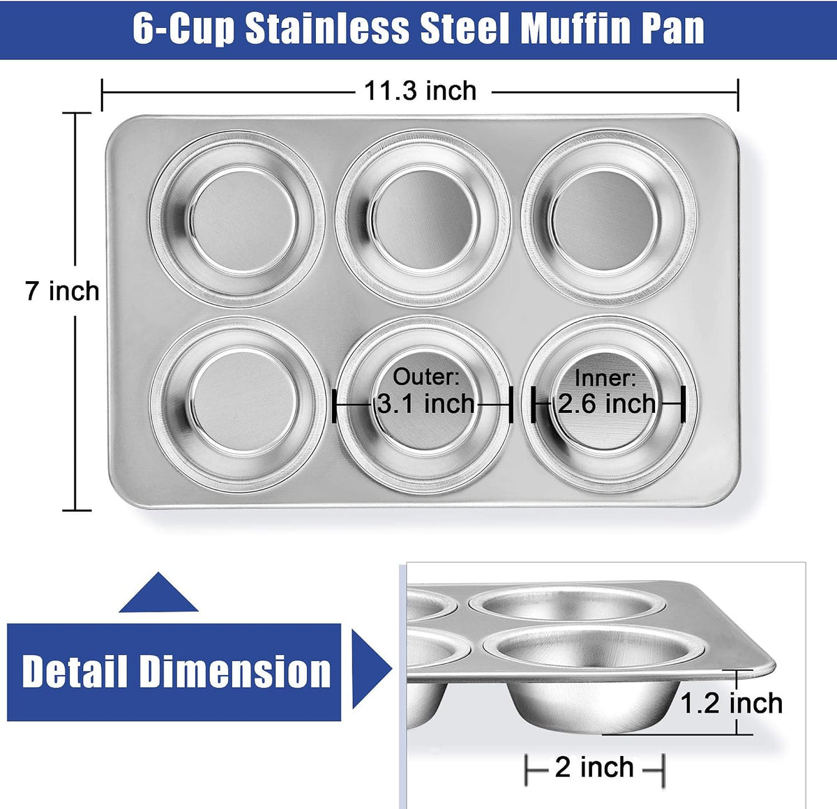 TeamFar Muffin Pan, 6 Cup Muffin Pan for Baking, Cupcake Pan Muffin Tin | Stainless Steel Muffin Tray Set for Making Cakes Cornbread Quiche and More, Healthy &amp; Sturdy, Oven &amp; Dishwasher Safe