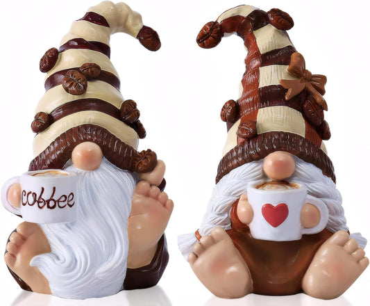 2PCS Coffee Gnomes Figurines Home Christmas Decoration Fall Gnomes Coffee Bar Accessories Decor Elfs Statue Cute Resin