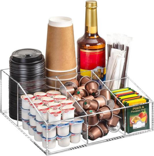 BEYGORM Acrylic Coffee Bar Station Organizer for Countertop,Office Breakroom Clear Snack Tea Storage Accessories Holder for
