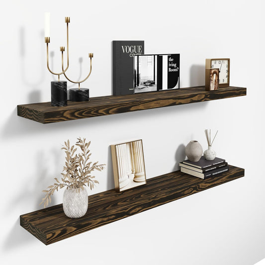 36'' Pine Wood Floating Shelves for Wall- Set of 2 - Rustic Wall Mounted Wooden Shelf for Stylish Home Décor (Dark Brown,
