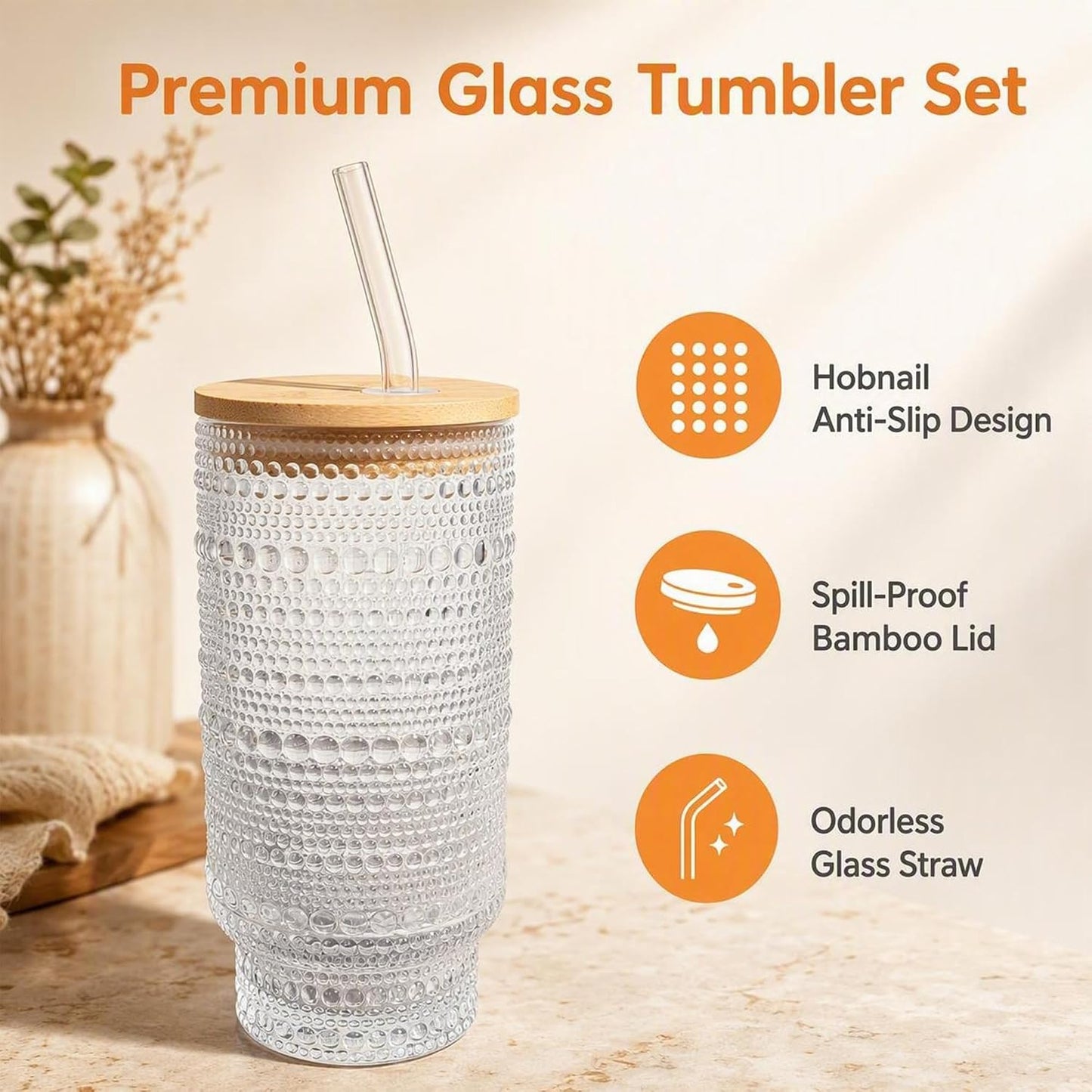 Glass Cups with Lids and Straws 16 oz Hobnail Drinking Glasses | Vintage Iced Coffee Cup with Bamboo Lid, Cute Stackable Glassware for Cocktail Juice Matcha Smoothie Home Kitchen