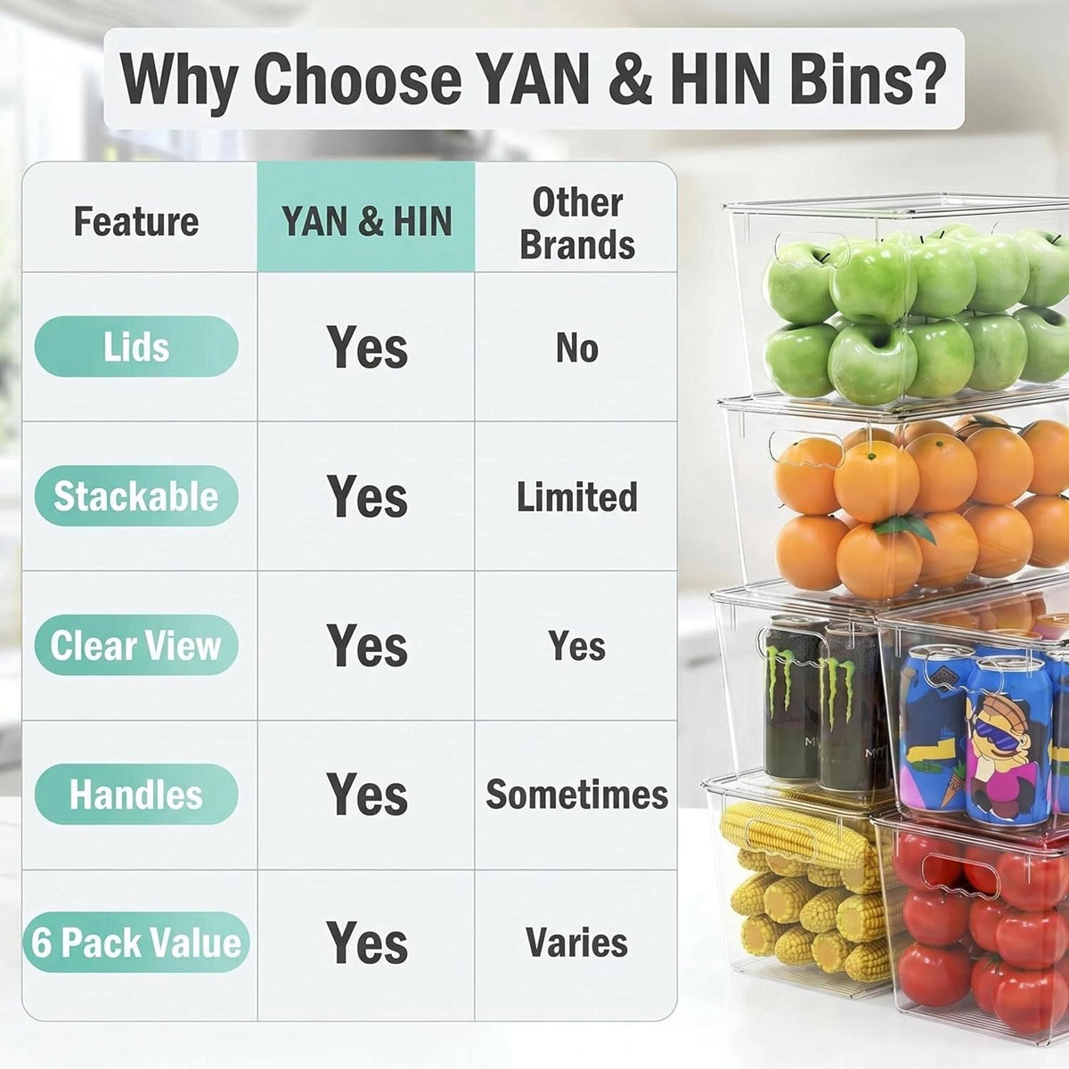 YAN & HIN 10 pcs/set Large Clear Storage Bins with Lids - Stackable, Transparent Pantry Storage with Handles - Nest Nicely for Easy Organization (11 "L x 7.5" W x 6.1 "H)