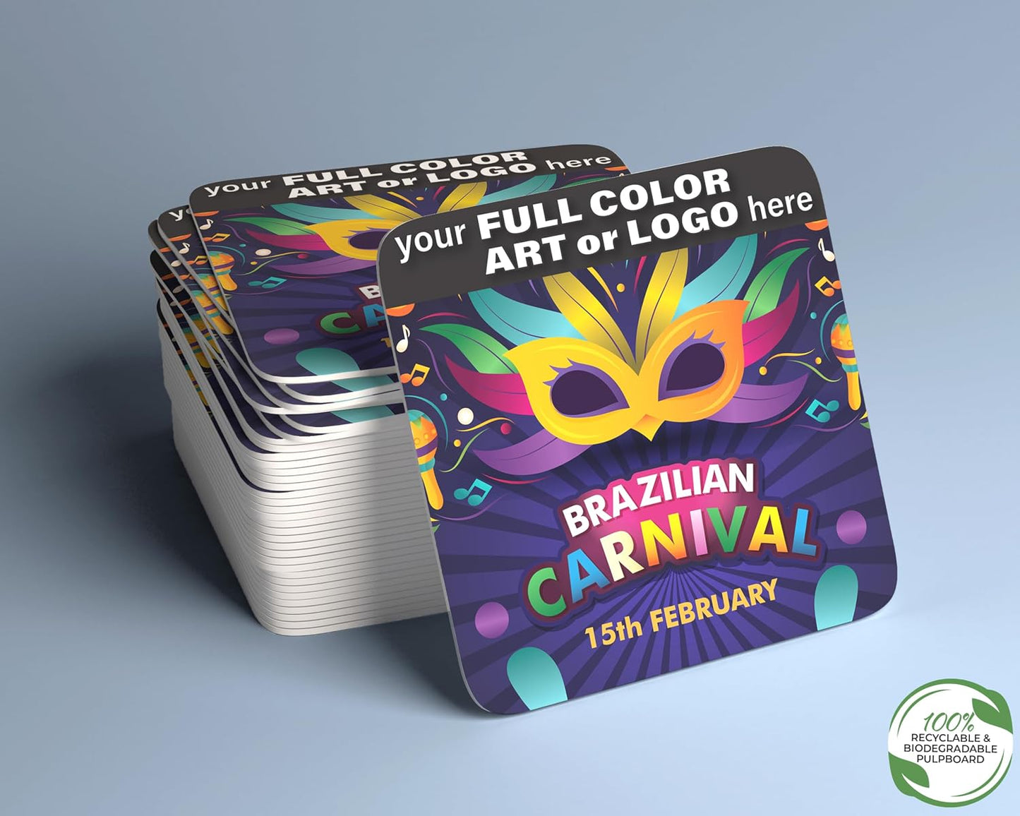 B.E. Green Custom Coasters - Pulpboard Personalized Coasters for Drinks - Full Color Print - Reusable &amp; Absorbent - Beverage Coaster - Promo Events &amp; Celebrations - Pack of 50 - Full Coverage, 4"x 4"