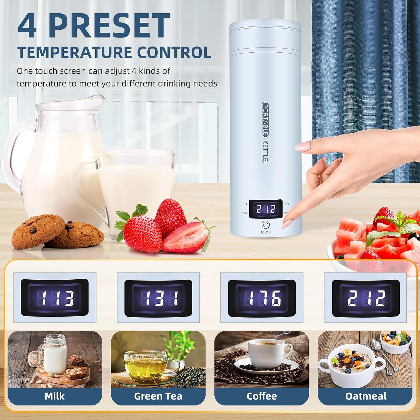 QRAGJBM Portable Electric Kettle Travel, 120V, 450ml, 4 Temperature Control | 304 Stainless Steel Lining, Auto Shut-Off, Boil Dry Protection, BPA-Free, Lightweight, For Hotel and Office (Blue)