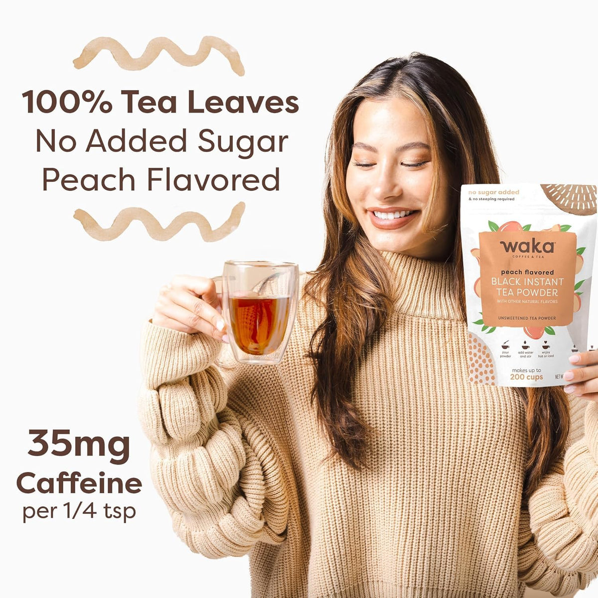 Waka Instant Black Tea Mix, Peach Flavored, Sugar-Free, 4.5 oz | Naturally Flavored, Unsweetened Concentrated Black Tea Powder, Makes up to 200 Hot or Iced Cups
