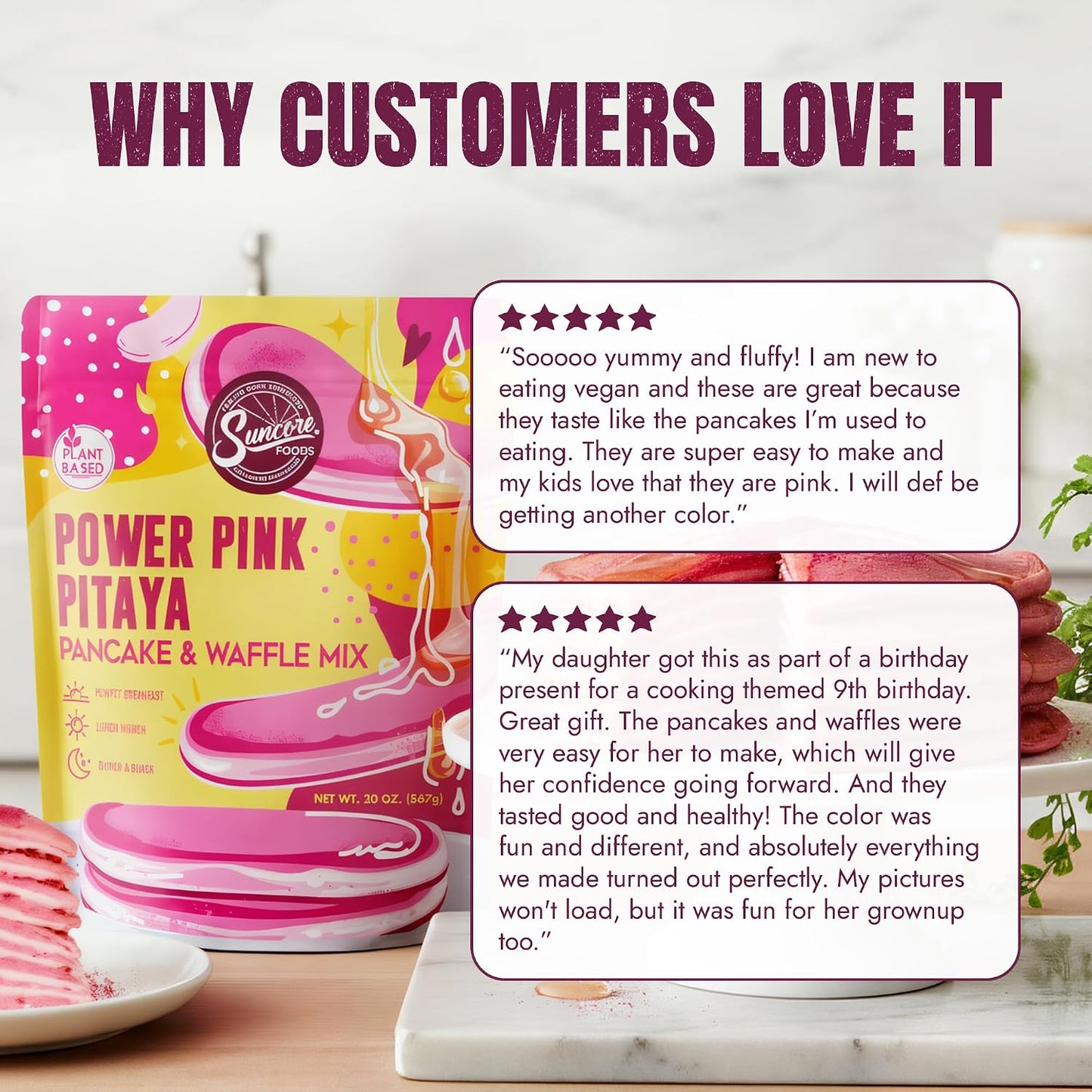 Suncore Foods Power Pink Pitaya Pancake &amp; Waffle Mix 20oz | Plant-Based | Natural Pink Color Red Dragon Fruit Pancake, Waffle &amp; Crepe Mix, Vegan, For Breakfast &amp; Desserts, Non-Dairy, Resealable Pouch