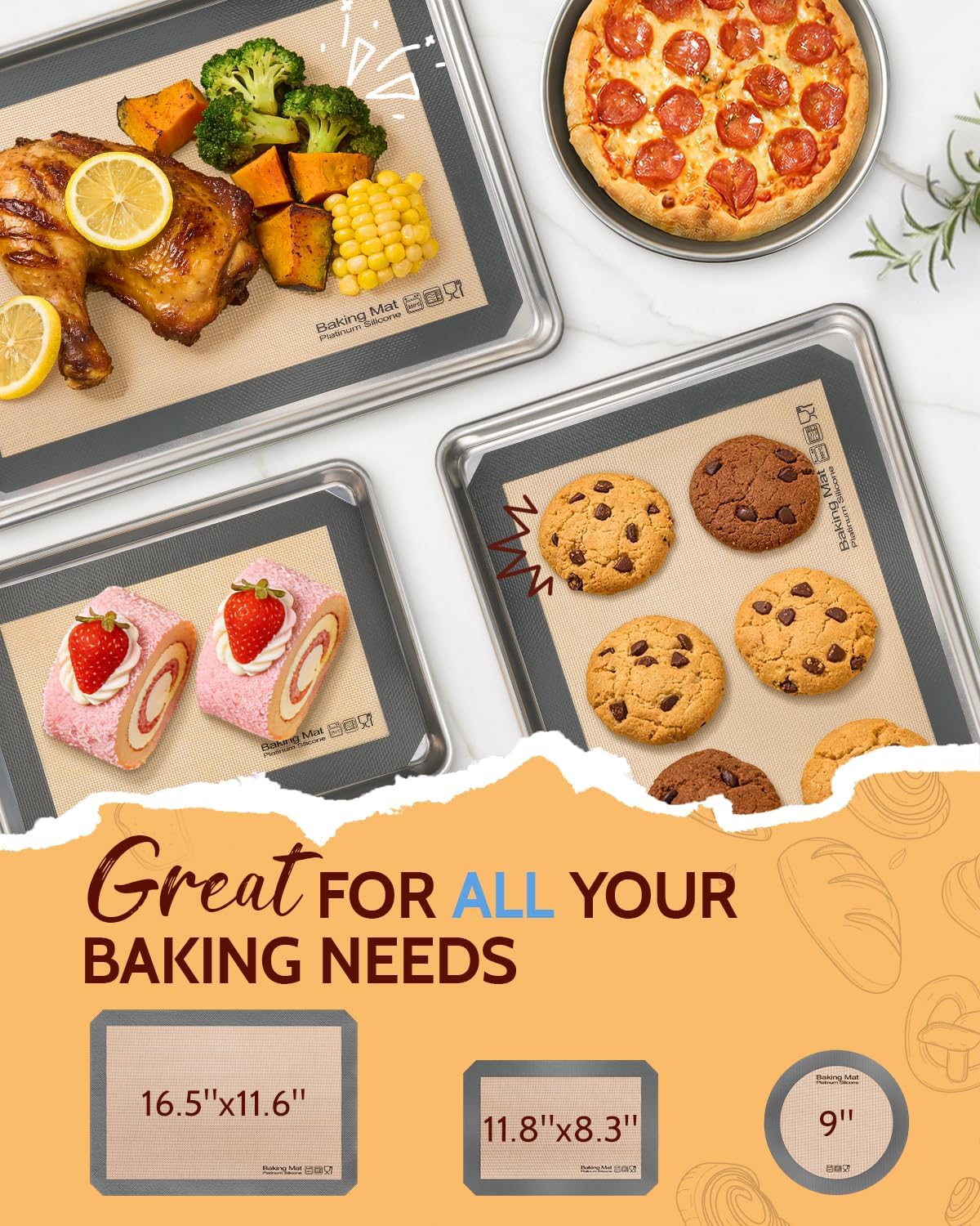 Sopito Platinum Silicone Baking Mat, Non-Stick Silicone Baking Sheet, 5 Pcs | Reusable, Food-Grade, Heat Resistant to 480℃, Dishwasher Safe, Half-sheets, Quarter-sheets, and Round Mat Set, Versatility