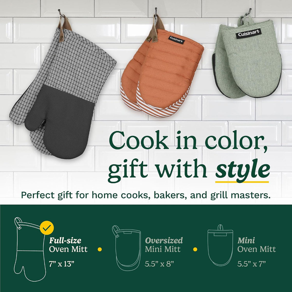 Cuisinart Heritage Kitchen Oven Mitts, Heat-Resistant, 2-Pack, 7"x13" | Non-slip neoprene palm grips up to 350°F, long cuff shields forearms, hang loop for storage, handles cast iron and grilling
