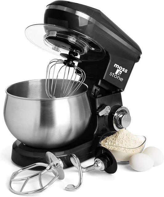 Moss & Stone Black Stand Mixer, 6 Speed Electric Mixer With 5.5 Quart Stainless Steel Mixing Bowl, Black Body Kitchen Mixer