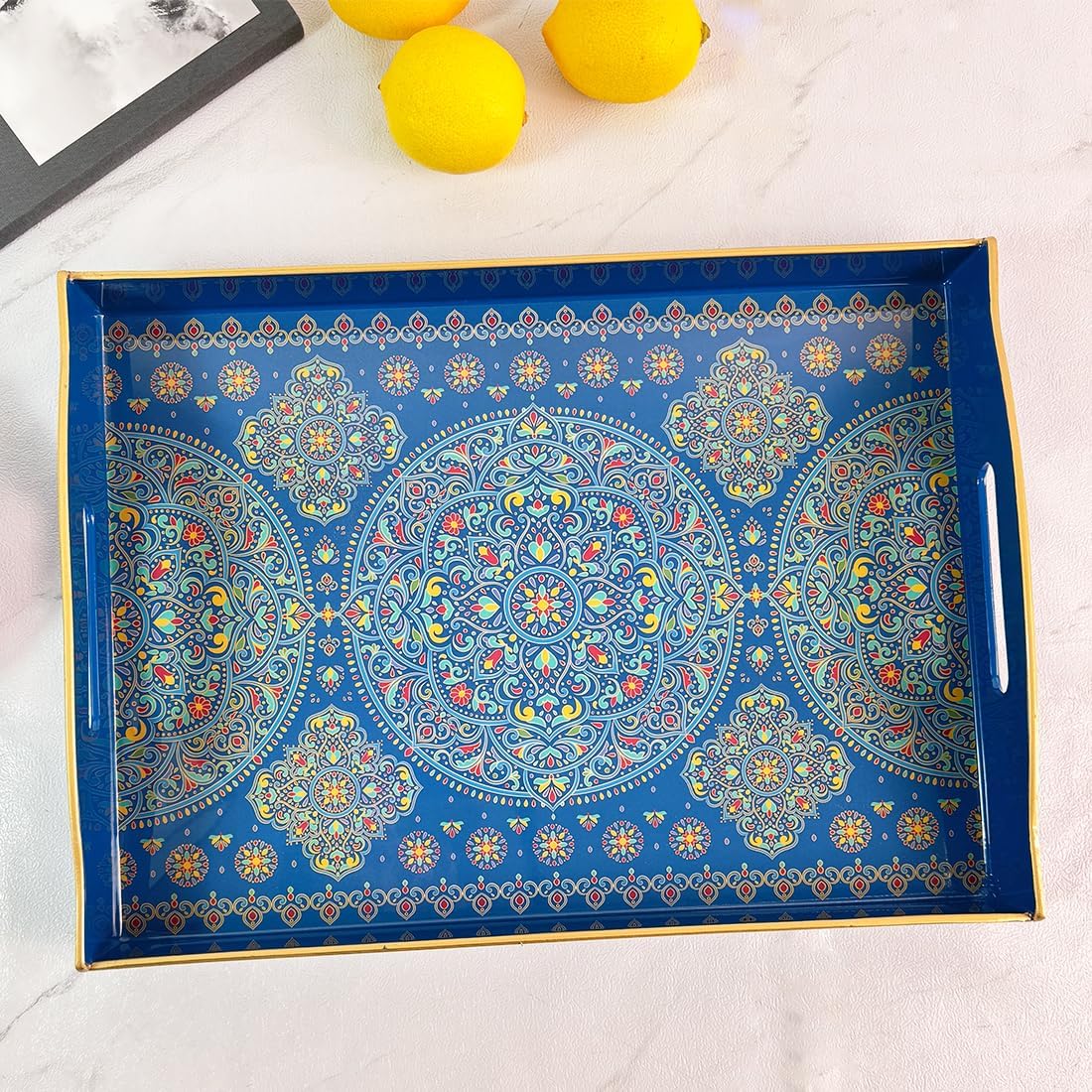 Boho Blue Decorative Tray, Serving Tray with Handles, Plastic Tray for Coffee Table, Ottoman - Ideal for Living Room &amp; Bathroom. 15” x 11” x 2.5”