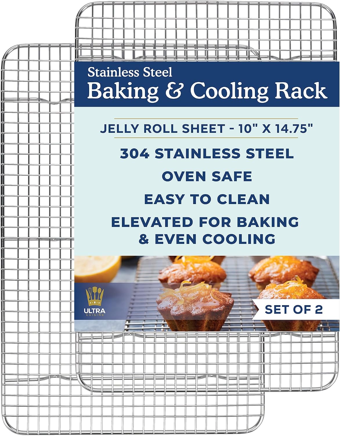 Cooling &amp; Baking Rack Set - Sheet Pan - 10'' x 14.7" | 100% Stainless Steel, Oven-Safe, Dishwasher-Safe, Heavy Duty Tight-Wire, Set of 2, Half Sheet Pan Cooling Racks, Easy Clean