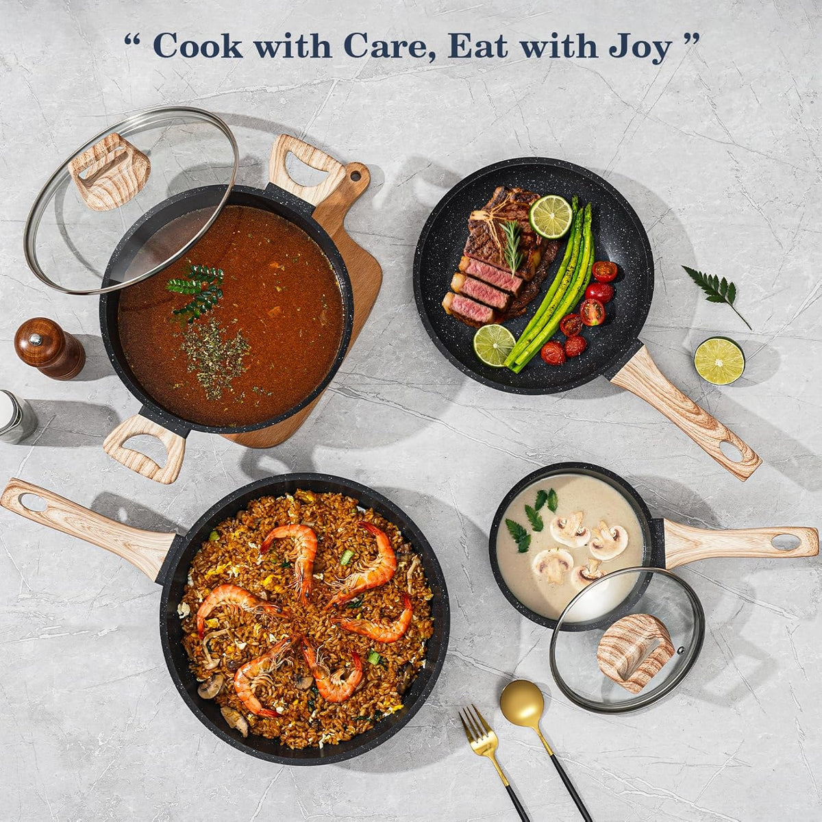 12 Pcs Pots and Pans Set Non stick, Cookware Sets Black Granite Induction Cookware, Non-toxic Healthy Nonstick Kitchen Cooking Set with Frying Pans Set, Saucepans (PFAS/PFOA/PFOS Free)