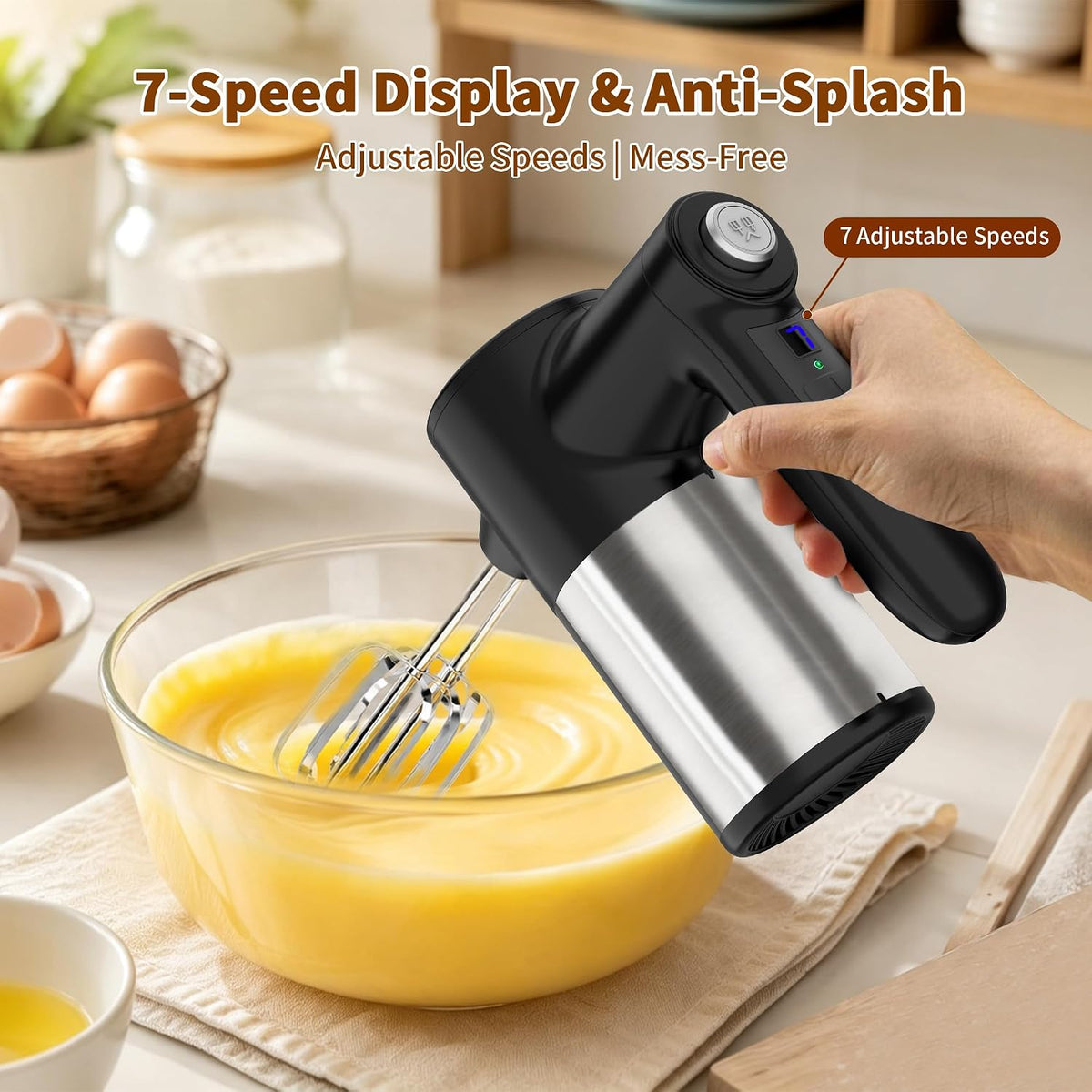 binROC Cordless Hand Mixer Electric, 7-Speed with Storage Base, Black