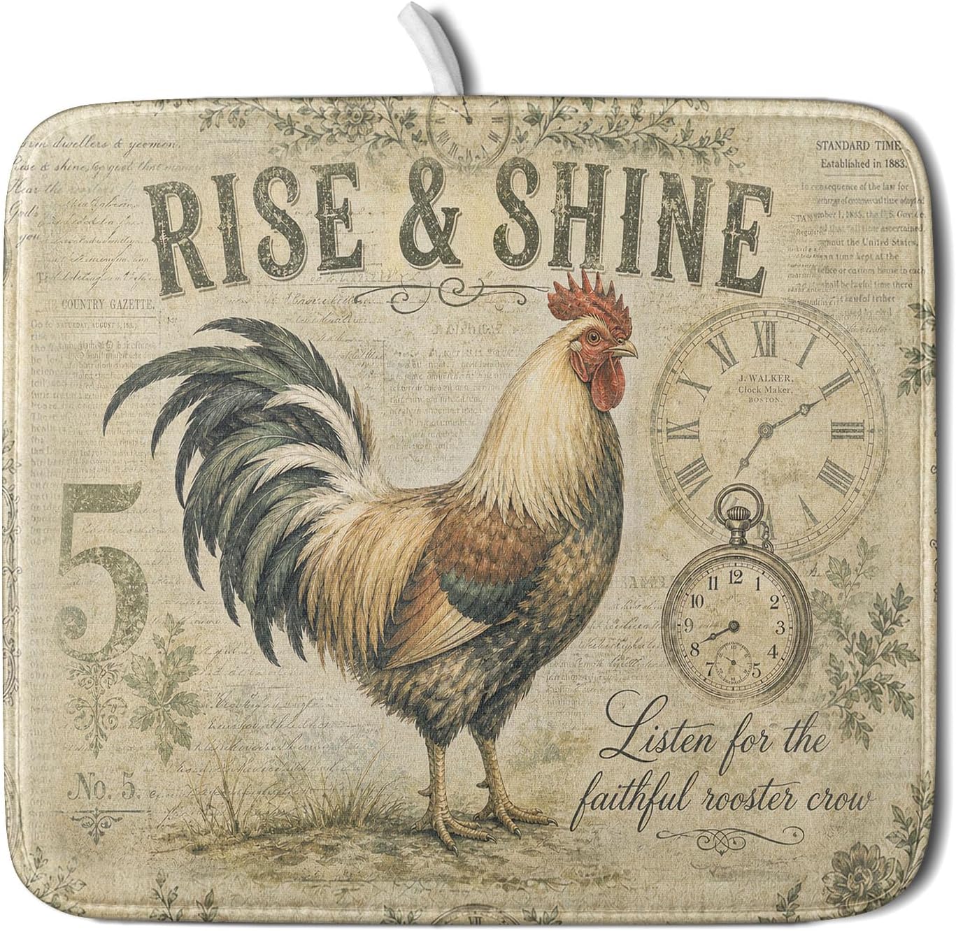 Farmhouse Rooster Dish Drying Mat 16 x 18 Inch with Hanging Loop High Absorbent Reversible Microfiber Dish Drying Pad Drainer Mat for Kitchen Counter Coffee Bar