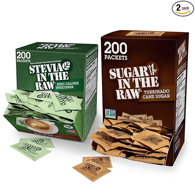 In the Raw Sugar and Stevia Sweetener Bundle – 200 Turbinado Sugar Packets + 200 Stevia Packets (2 Piece Set)