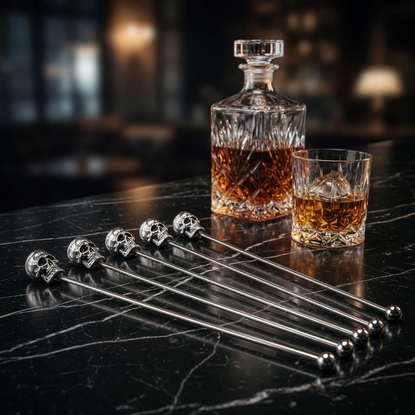 Homestia 6 Pcs 7.5'' Metal Stir Sticks, Cocktail Stirrers, with Skull Decor | Reusable Stainless Steel Coffee Stirrers, Gothic Skull Beverage Drink Stirring Mixer Tools for Halloween Party Bars Home Use